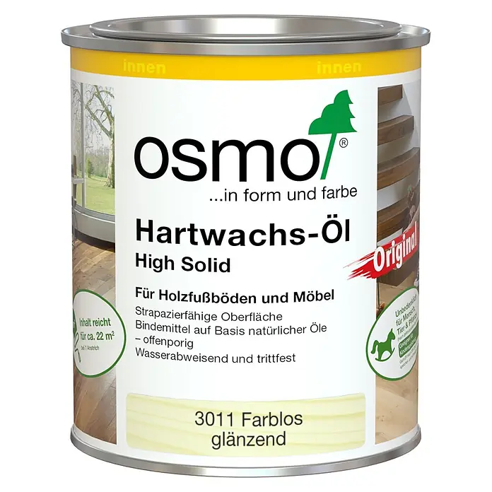 Osmo High Solid Hartwachsöl Original - Farblos, 750 ml, Glänzend - Osmo Hartwachs-Öl High Solid, ein farbloses glänzendes Hartwachsöl für Holzfußböden und Möbel, in einer Metallbüchse.