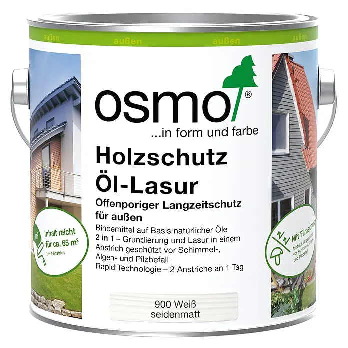 Osmo Holzlasur - Weiß - 900, 2,5 l, Seidenmatt - Eine Osmo Holzschutz Öl-Lasur Dose in 900 Weiß seidenmatt für außen, mit Hinweisen zu Reichweite und Schutzfunktionen.
