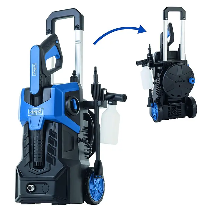 Scheppach Hochdruckreiniger SHD150 - 1.800 W, Max. Druck: 150 bar, Fördermenge: 420 l/h - Blauer und schwarzer Hochdruckreiniger mit ausziehbarem Griff, Rädern und weißer Reinigungsmittelflasche, aus zwei Perspektiven dargestellt.