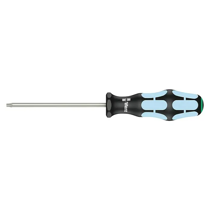 Wera Schraubendreher 3367 - TX 20, 100 mm - Nahaufnahme eines Wera-Schraubendrehers mit ergonomischem Griff, ideal für präzise Schraubarbeiten und komfortable Handhabung.