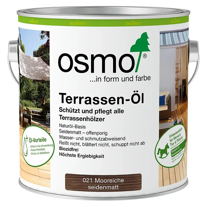 Osmo Terrassen-Öl - Mooreiche, 2,5 l, Seidenmatt - Osmo Terrassen-Öl in Metallkanne, Farbe 021 Mooreiche seidenmatt. Schützt und pflegt alle Terrassenhölzer.