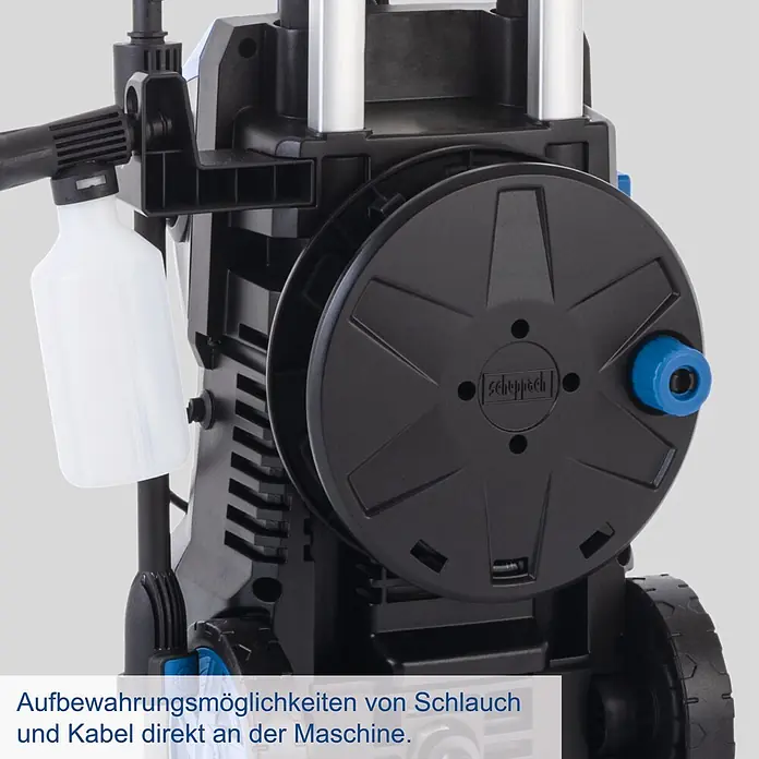 Scheppach Hochdruckreiniger SHD150 - 1.800 W, Max. Druck: 150 bar, Fördermenge: 420 l/h - Schwarzer Hochdruckreiniger mit integrierter Schlauchtrommel für Schlauch-/Kabelaufbewahrung und weißer Schaumflasche seitlich.