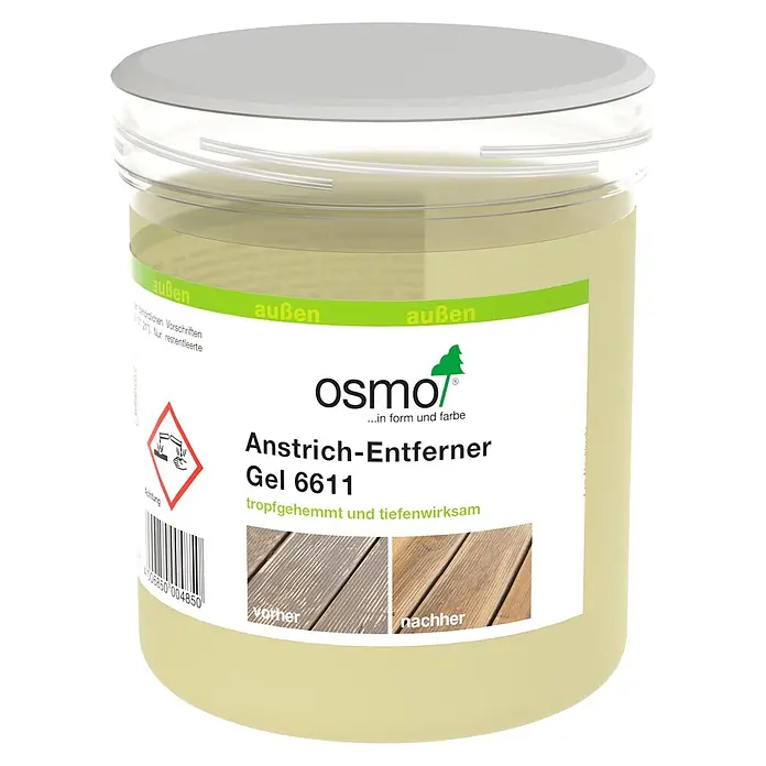 Osmo Abbeizer - 500 ml, Geeignet für: Holzoberflächen - Transparenter Kunststoffbehälter mit weißem Etikett für Osmo Anstrich-Entferner Gel 6611, mit Vorher-/Nachher-Holzbehandlung und Gefahrensymbol.