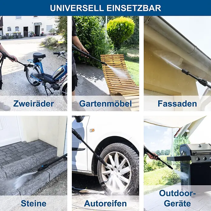Scheppach Hochdruckreiniger SHD150 - 1.800 W, Max. Druck: 150 bar, Fördermenge: 420 l/h - Hochdruckreiniger säubert Fahrrad, Gartenmöbel, Fassade, Steine, Autoreifen, Outdoor-Geräte. Zeigt universelle Einsetzbarkeit.