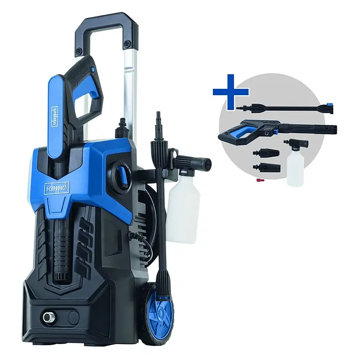 Scheppach Hochdruckreiniger SHD150 - 1.800 W, Max. Druck: 150 bar, Fördermenge: 420 l/h - Blauer und schwarzer Hochdruckreiniger mit Sprühpistole, Lanze, Düsen und Schaumflasche.
