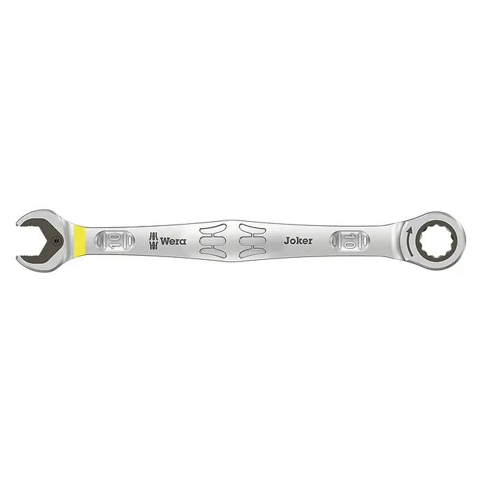 Wera Ringmaulschlüssel Joker - 10 mm - Ein Wera Joker Maulschlüssel mit Ringratschenschlüssel auf schwarzem Hintergrund. Ideal für schnelle und sichere Schraubarbeiten.