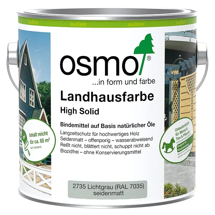 Osmo High Solid Landhausfarbe - Lichtgrau, 2,5 l, Seidenmatt - Osmo Landhausfarbe High Solid Farb-Dose in Hellgrau (RAL 7035), seidenmatt, für Außenbereich.