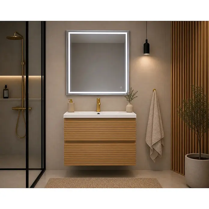 Conjunto de mueble de baño Naomi - Roble garriga, Mate, 3 pzs. - Mueble de baño de lamas de madera clara con lavabo blanco, grifo dorado y espejo iluminado.