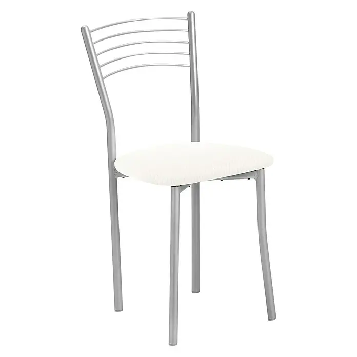 Silla Kopa - L x An x Al: 47 x 40 x 85 cm, Blanco - Silla plateada con cojín de asiento blanco y respaldo curvo. Es robusta, moderna y encaja bien en comedores o cocinas.