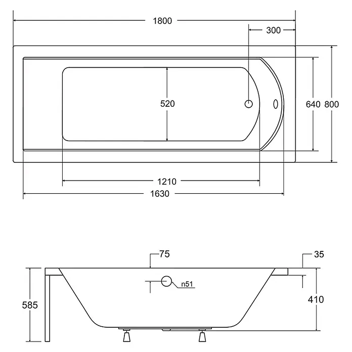 Bad Land Badewanne - 180 x 80 cm, Sanitäracryl, Weiß - Technische Zeichnung einer rechteckigen Badewanne mit abgerundetem Ende, mit Draufsicht und Seitenansicht und Maßen.