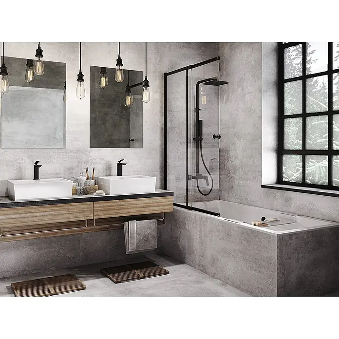 Bad Land Badewanne QUADRO SLIM Acryl-Eckwanne 170 x 75 cm Weiß - Sanitäracryl, Weiß - Modernes Badezimmer mit doppelter Holzwaschtischanlage, weißen Waschbecken, schwarzen Armaturen und einer Badewanne mit Duschabtrennung.