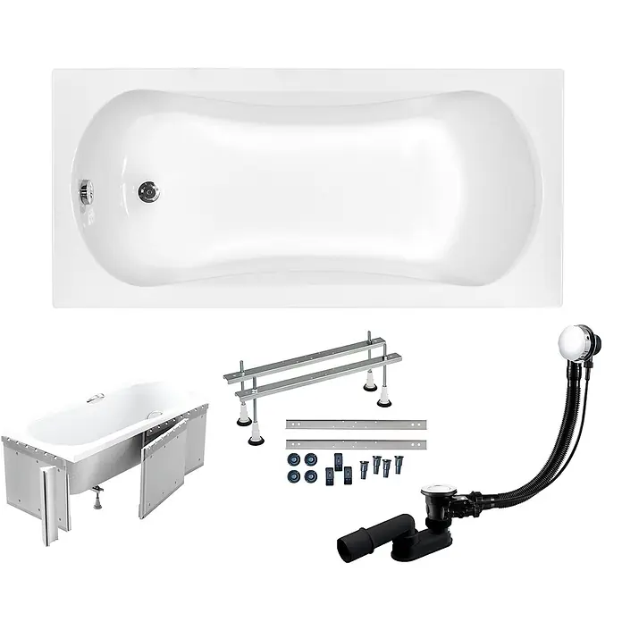 Bad Land Badewanne - 150 x 70 cm, Sanitäracryl, Weiß - Weißes Badewannen-Set mit Tragrahmen, Seitenwänden und Ablauf-/Überlaufgarnitur.