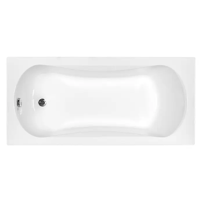 Bad Land Badewanne ARIA Acryl-Eckwanne 150 x 70 cm Weiß, inkl. Acrylschürze - Sanitäracryl, Weiß - Weiße ergonomische Badewanne mit Chromablauf und Überlaufgarnitur, von oben gesehen.