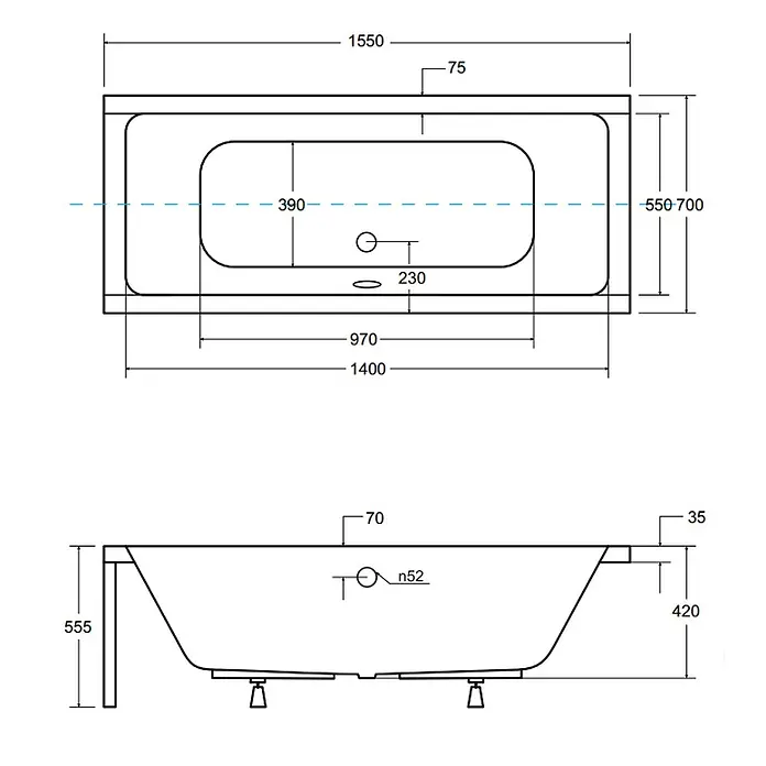 Bad Land Badewanne - 155 x 70 cm, Sanitäracryl, Weiß - Technische Zeichnung einer Badewanne mit detaillierten Maßen in Draufsicht und Seitenansicht.