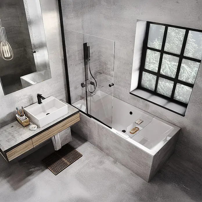 Bad Land Badewanne QUADRO SLIM Acryl-Eckwanne 180 x 80 cm Weiß, inkl. Wannenträger - Sanitäracryl, Weiß - Modernes, minimalistisches Badezimmer mit weißer Badewanne, integrierter Duschwand und Waschtisch aus Beton und Holz.