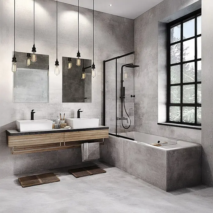 Bad Land Badewanne QUADRO SLIM Acryl-Eckwanne 180 x 80 cm Weiß, inkl. Wannenträger - Sanitäracryl, Weiß - Modernes Industriebad mit Doppelwaschtisch aus Holz, weißen Waschbecken, schwarzen Armaturen und Dusch-Badewannen-Kombination.