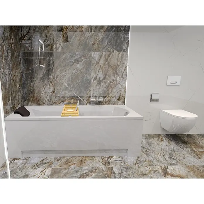 Bad Land Badewanne - 150 x 70 cm, Sanitäracryl, Weiß - Modernes Badezimmer mit weißer Badewanne, Holzablage und Wand-WC, auf eleganten Marmorfliesen.