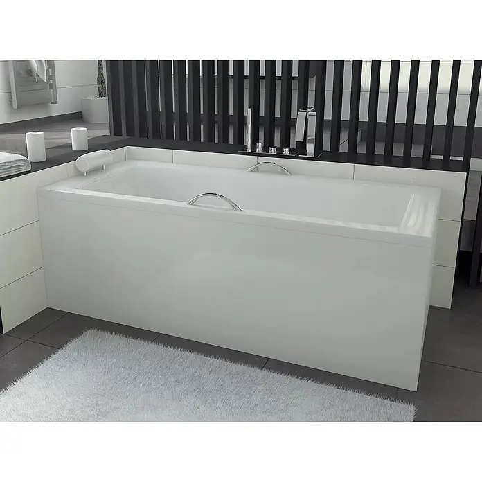 Bad Land Badewanne TALIA PREMIUM Acrylwanne 170 x 75 cm Weiß m. Styroporverkl. - 170 x 75 cm, Sanitäracryl, Weiß - Weiße Rechteck-Badewanne mit Chromarmaturen, Handbrause, Kopfstütze und Haltegriffen.