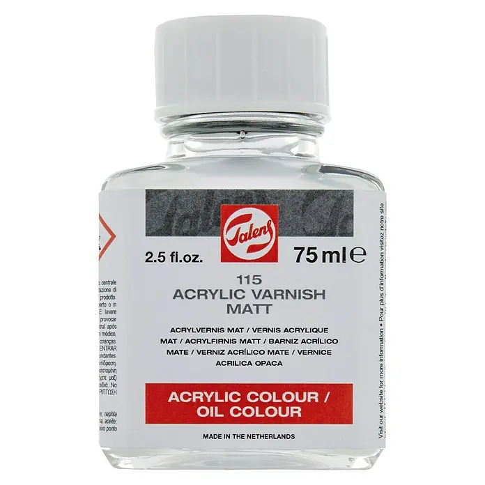 Talens Barniz acrílico 115 - Incoloro, 75 ml, Mate - Botella de 75 ml de barniz mate acrílico Talens 115, apto para colores acrílicos y al óleo, que ofrece protección y un acabado mate.