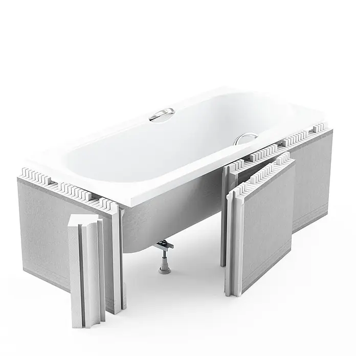 Bad Land Eckbadewanne - L x B: 160 x 90 cm, Sanitäracryl, Weiß - Weiße Badewanne mit modularem grauem Verkleidungssystem zur einfachen Installation, teilweise montiert.