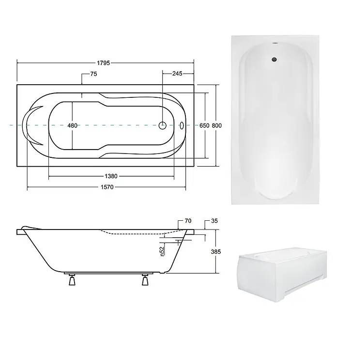 Bad Land Badewanne - 180 x 80 cm, Sanitäracryl, Weiß - Weiße, rechteckige Einbauwanne mit technischen Zeichnungen (Maße, Draufsicht/Seitenansicht) und Produktfotos zur Installation.