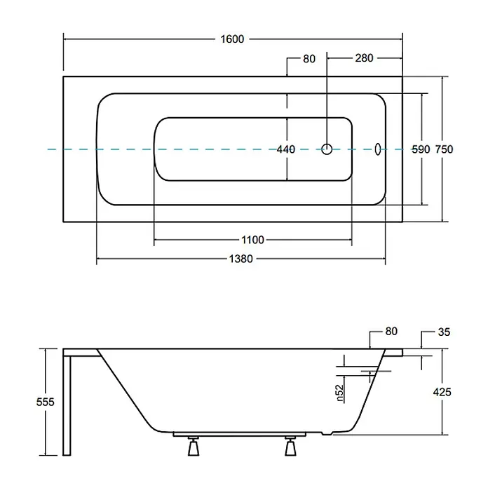 Bad Land Badewanne - 160 x 75 cm, Sanitäracryl, Weiß - Technische Zeichnung einer Badewanne, mit Maßen von oben und von der Seite.