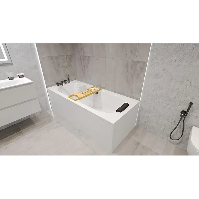 Bad Land Badewanne - 150 x 75 cm, Sanitäracryl, Weiß - Weiße Einbauwanne mit hölzernem Badewannentablett und dunklen Armaturen in einem modernen Badezimmer.