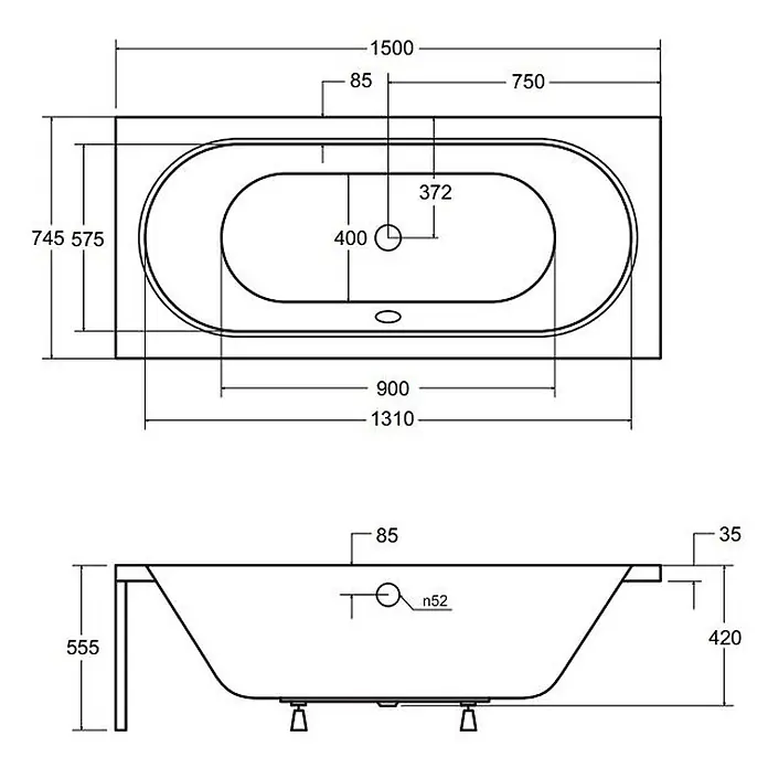 Bad Land Badewanne - 150 x 75 cm, Sanitäracryl, Weiß - Technische Zeichnung einer rechteckigen Badewanne mit ovalem Innenbecken, mit Draufsicht und Seitenansicht inklusive Maßen 1500x745x555mm.