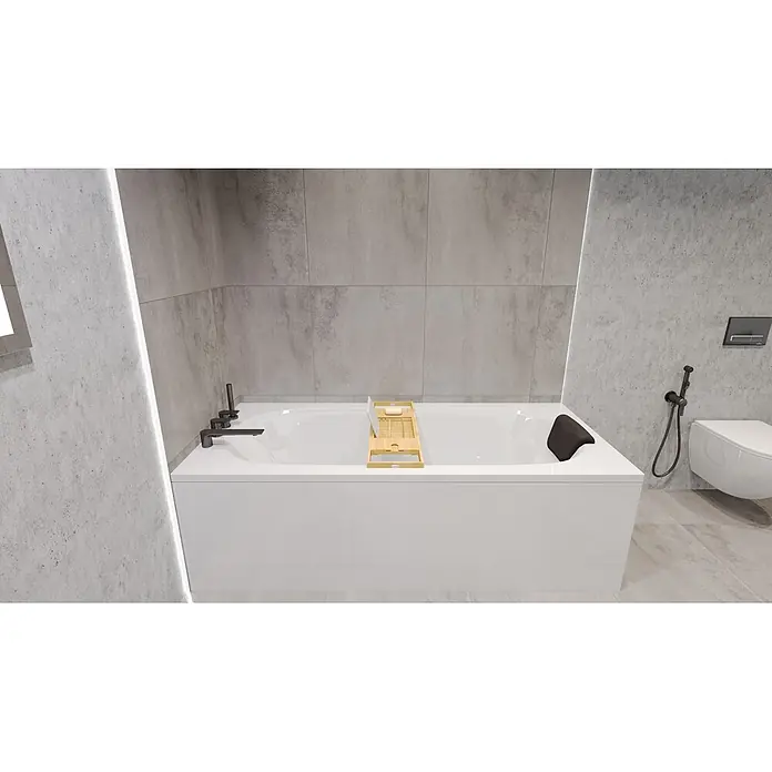 Bad Land Badewanne - 150 x 75 cm, Sanitäracryl, Weiß - Bambus-Badewannenablage auf einer weißen Badewanne, mit Seife und Ständer für Buch/Tablet.