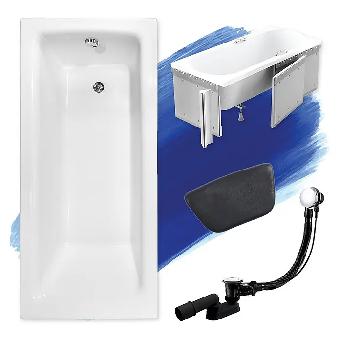 Bad Land Badewanne - 130 x 70 cm, Sanitäracryl, Weiß - Weiße Rechteckbadewanne mit Innenrahmen, Paneelen, schwarzer Kopfstütze und Ab-Überlaufgarnitur.
