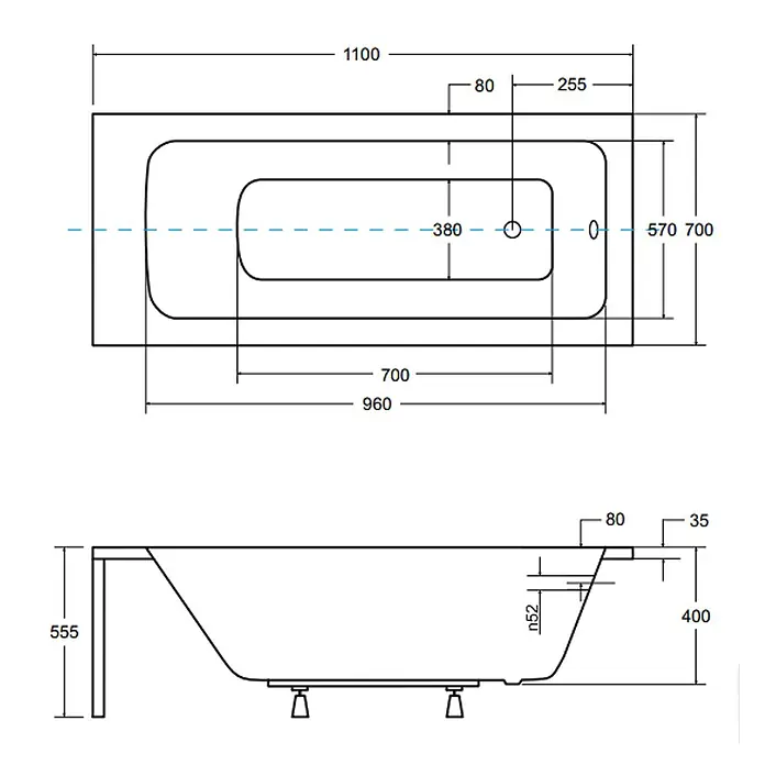 Bad Land Badewanne - 110 x 70 cm, Sanitäracryl, Weiß - Technische Zeichnung einer Badewanne, mit Draufsicht und Seitenansicht samt detaillierten Maßen zur Planung und Installation.