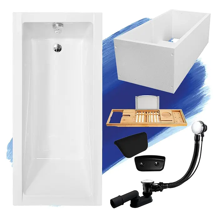 Bad Land Badewanne MODERN Acrylwanne 160 x 70 cm Weiß m. Wannenträger - Sanitäracryl, Weiß - Weiße rechteckige Badewanne, Isolierbox, Bambus-Badeablage, schwarze Badekissen und Badablaufsystem-Komponenten.