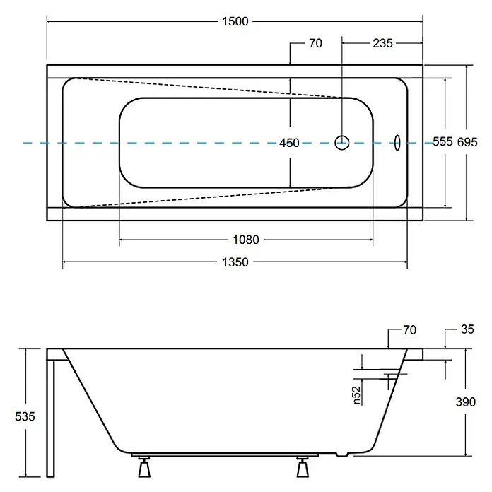 Bad Land Badewanne - 150 x 70 cm, Sanitäracryl, Weiß - Technische Zeichnung einer Badewanne mit detaillierten Maßen.