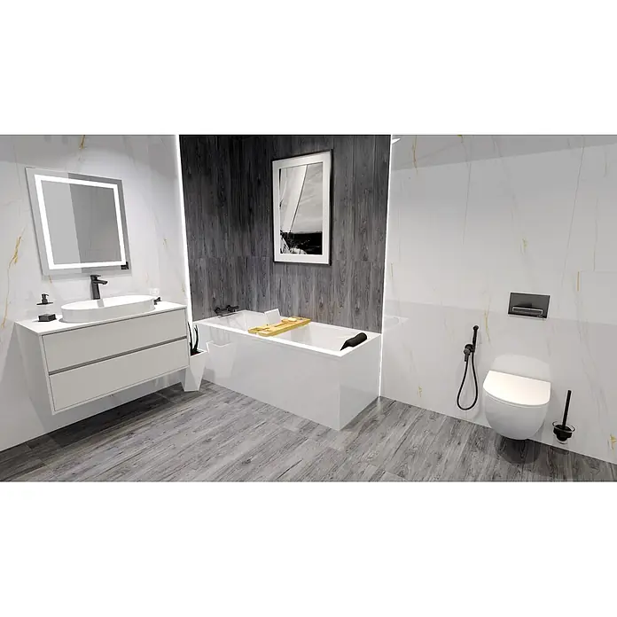 Bad Land Badewanne - 180 x 80 cm, Sanitäracryl, Weiß - Modernes Bad mit weißem Waschtisch, beleuchtetem Spiegel, weißer Badewanne und Toilette, mit grauem Holzimitat-Boden und weißen Marmor-Wänden.