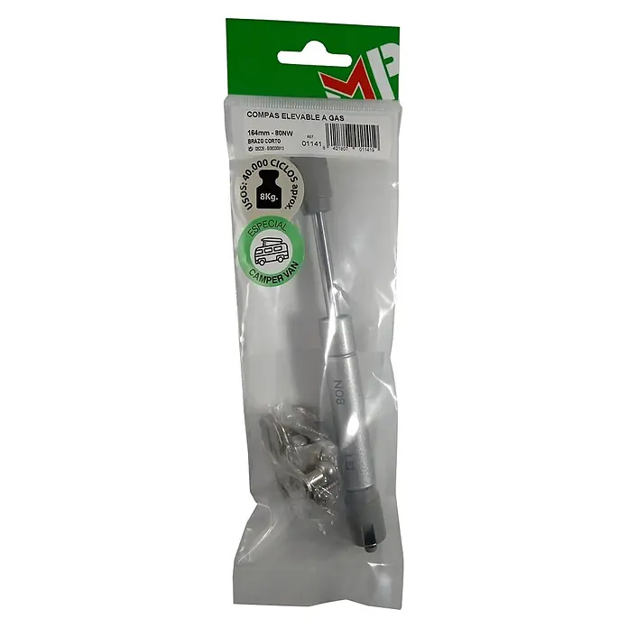 M.Pascual Soporte de tapa - 60 N, Largo: 190 mm - Amortiguador de gas plateado (164mm, 80N/8kg) con brazo corto, para muebles o furgonetas camper.
