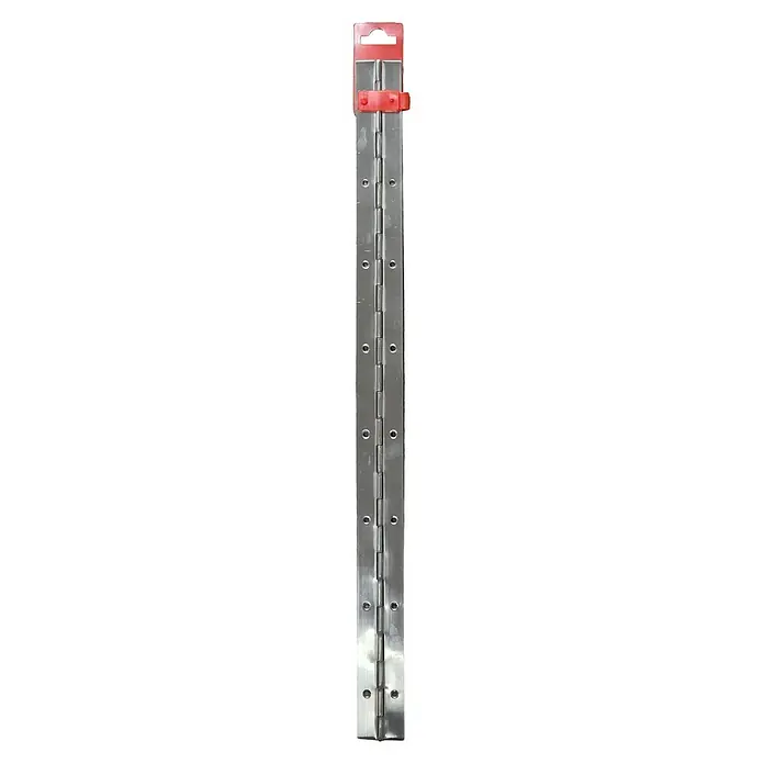 M.Pascual Bisagra de piano - L x An: 480 x 32 mm, Acero inoxidable - Bisagra continua larga de metal plateado con orificios pre-taladrados para tornillos y una pestaña de plástico rojo para colgar en la parte superior.