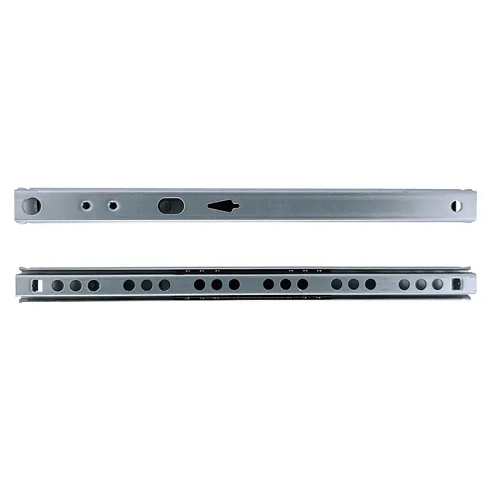 M.Pascual Guía para cajones - Longitud de instalación: 280 mm, Capacidad de carga: 10 kg, Extracción parcial, Montaje lateral - Dos correderas de cajón metálicas gris plata con varios orificios de montaje.