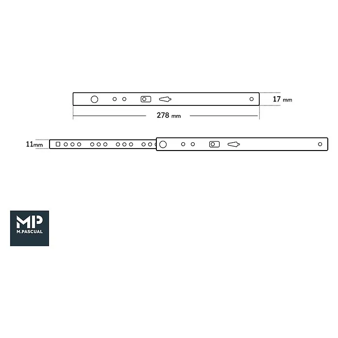 M.Pascual Guía para cajones - Longitud de instalación: 280 mm, Capacidad de carga: 10 kg, Extracción parcial, Montaje lateral - Dibujo técnico de componentes metálicos planos, de 278x17mm, con orificios de montaje circulares, cuadrados, rectangulares y en forma de cerradura.