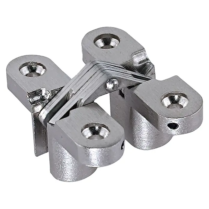 M.Pascual Bisagra para embutir - L x An: 44 x 34 mm, Niquelado - Bisagra oculta de metal cepillado, parcialmente abierta, con múltiples puntos de pivote y orificios para tornillos.