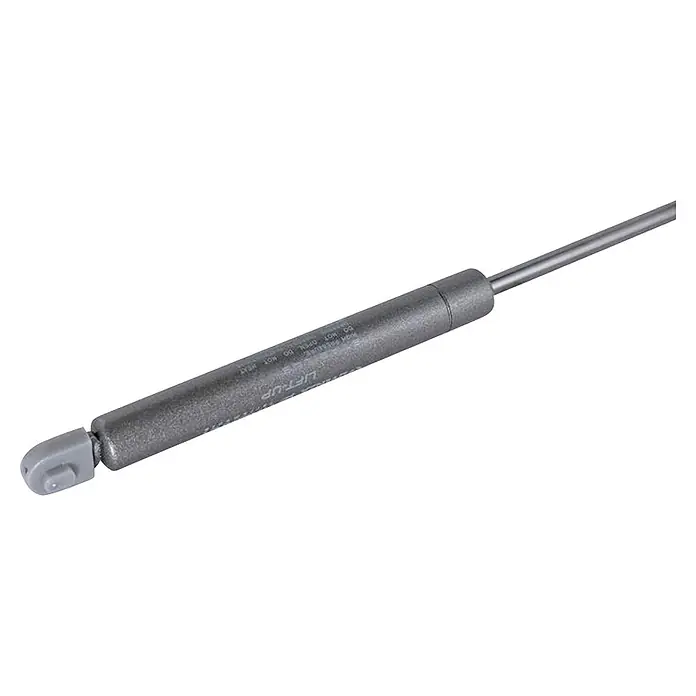 M.Pascual Soporte de tapa - 100 N, Dispositivo de frenado - Amortiguador de gas metálico gris con varilla lisa y un accesorio de plástico gris en el extremo, con marca 'LIFT-UP' y advertencias de seguridad.
