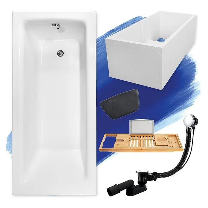 Bad Land Badewanne TALIA Acrylwanne 170 x 75 cm Weiß m. Wannenträger - Sanitäracryl, Weiß - Weiße Badewanne mit Zubehör: Schaumsockel, schwarze Kopfstütze, Holzwanne und Abfluss/Überlaufsystem.