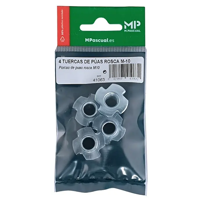 M.Pascual Tuerca de encastre - M 10, Satinado, 4 ud. - Cuatro tuercas M10 de púas de metal plateado, empaquetadas.
