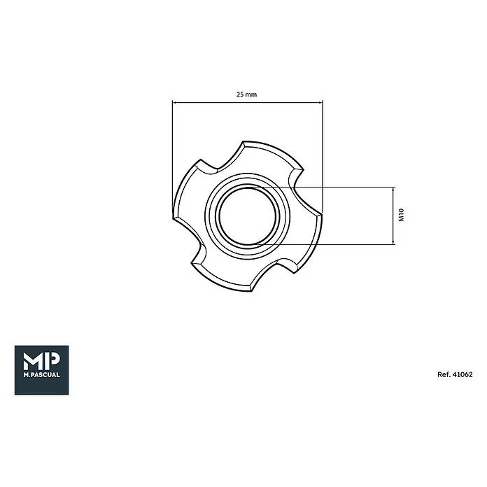 M.Pascual Tuerca de encastre - M 10, Satinado, 4 ud. - Dibujo técnico de pomo estrellado de 25mm con rosca M10.