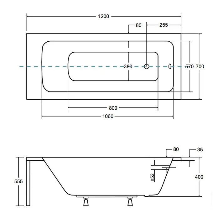 Bad Land Badewanne - 120 x 70 cm, Sanitäracryl, Weiß - Technische Zeichnung einer rechteckigen Badewanne mit Maßen und Spezifikationen.