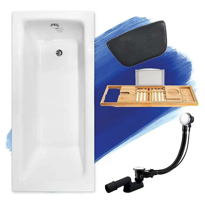 Bad Land Badewanne - 140 x 70 cm, Sanitäracryl, Weiß - Weißer rechteckiger Badewanne mit Chrom-Ablauf, dazu ein Bambus-Badewannentablett, schwarzes Badekissen und Abflusssystem.