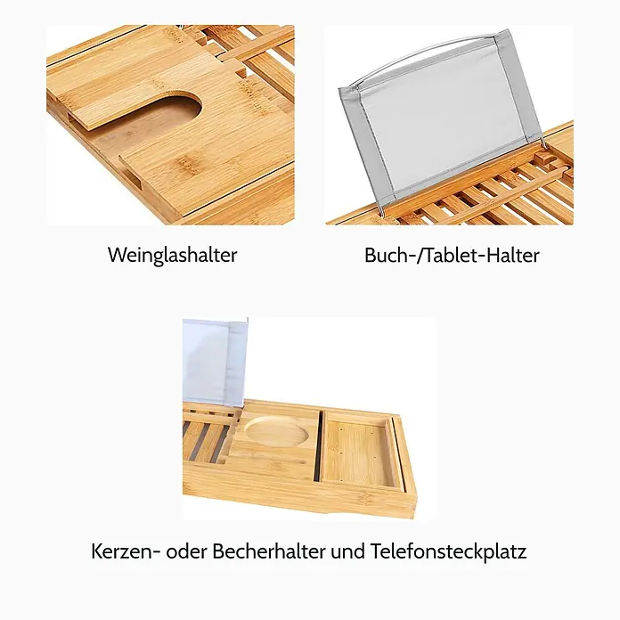 Bad Land Badewanne - 140 x 70 cm, Sanitäracryl, Weiß - Bambus Badewannenablage mit Weinglashalter, Buch-/Tablethalter und Kerzen-/Becherhalter mit Telefonsteckplatz.