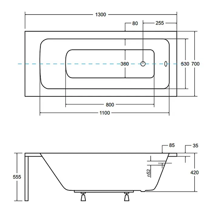 Bad Land Badewanne - 130 x 70 cm, Sanitäracryl, Weiß - Technische Zeichnung einer rechteckigen Badewanne mit Detailmaßen von oben und von der Seite.
