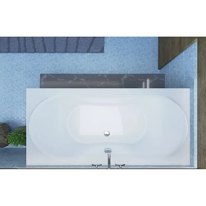 Bad Land Badewanne LONG Acryl-Eckwanne 170 x 80 cm Weiß, inkl. Wannenträger - Sanitäracryl, Weiß - Aufsicht auf eine elegante weiße Badewanne mit Chromarmaturen, eingebettet in ein modernes Bad mit blauen Fliesen.