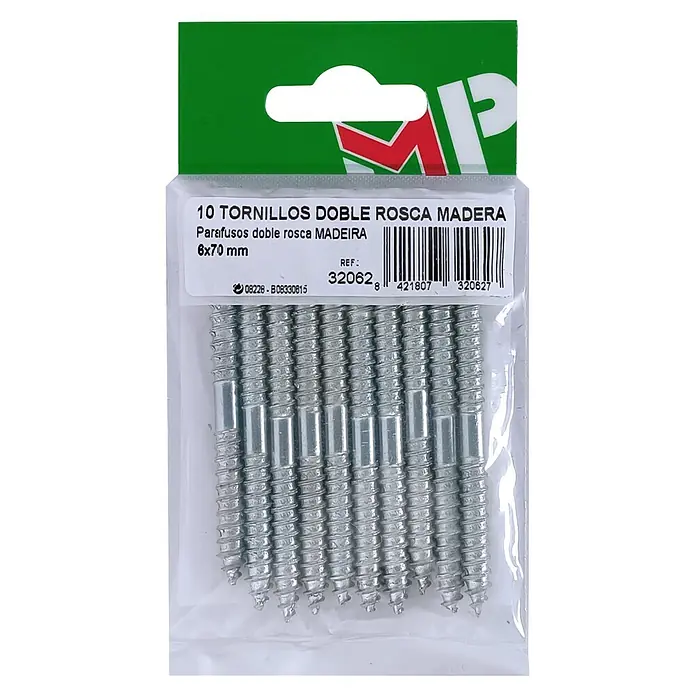 M.Pascual Perno de doble rosca - Ø x L: 5 x 60 mm, Rosca métrica, 10 ud. - Paquete de 10 tornillos de madera de doble rosca 6x70mm, color plata.
