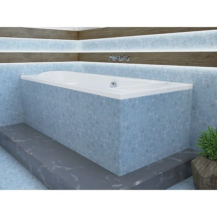 Bad Land Badewanne LONG Acryl-Eckwanne 170 x 80 cm Weiß, inkl. Wannenträger - Sanitäracryl, Weiß - Weiße Einbau-Badewanne in einem modernen Badezimmer mit blauen Fliesen und beleuchteten Holzdetails.